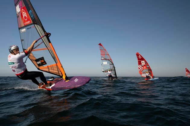 PWA - Citroen - World Windsurfing Tour Sylt 2026 - Tag 8 - Slalom Foil Men; Sylt Westerland, 03.10.2026 Maciek Rutkowski (Slalom Foil Men, Poland, POL-23); Noah Vinther (Slalom Foil Men, Denmark, DEN-7777); Fabian Wolf (Slalom Foil Men, Germany, GER-404); PWA - Citroen - World Windsurfing Tour Sylt 2026 - Tag 8 - Slalom Foil Men am 03.10.2026 vor dem Brandenburger Strand - Motorboot auf Sylt Westerland (Deutschland). Copyright: xBEAUTIFULxSPORTS AndreasxDickx