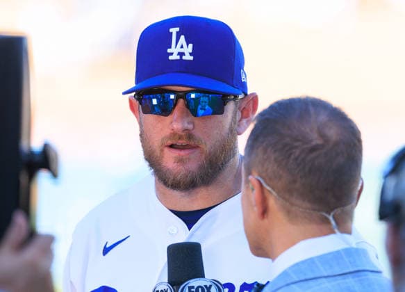 October 3, 2026, Los Angeles, California, USA: Max Muncy 13 of the Los Angeles Dodgers is interviewed after winning a NLDS Game 1 against the Atlanta Braves on Saturday October 3, 2026 at Dodger Stadium in Los Angeles, California. JAVIER ROJAS PI Los Angeles USA - ZUMAp124 20261003_zaa_p124_024 Copyright: xJavierxRojasx