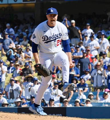 Los Angeles Dodgers starting pitcher Tarik Skubal reacts after recording the last out h in the fifth inning against the Atlanta Braves in game one of the National League Division Series at Dodger Stadium on Saturday, October 3, 2026 in Los Angeles, California.  LAP20261003801 JIMxRUYMEN