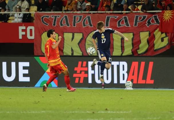 North Macedonia v Scotland - UEFA Nations League SKOPJE, NORTH MACEDONIA - OCTOBER 3: Eljif Elmas (7) of North Macedonia vies with Ben Gannon-Doak (17) of Scotland during the UEFA Nations League B League Group 1 match between North Macedonia and Scotland at the National Arena Toshe Proeski in Skopje, North Macedonia, on October 3, 2026. Umeys Sulejman Anadolu Skopje North Macedonia. Editorial use only. Please get in touch for any other usage.  Copyright: x2026xAnadoluxUmeysxSulejmanx