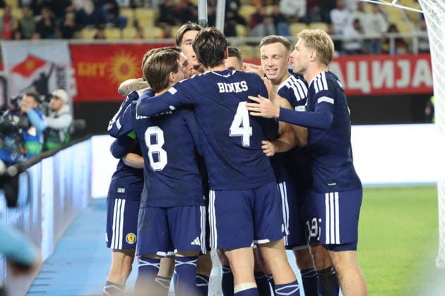 North Macedonia v Scotland - UEFA Nations League SKOPJE, NORTH MACEDONIA - OCTOBER 3: Players of Scotland celebrate after scoring a goal during the UEFA Nations League B League Group 1 match between North Macedonia and Scotland at the National Arena Toshe Proeski in Skopje, North Macedonia, on October 3, 2026. Umeys Sulejman Anadolu Skopje North Macedonia. Editorial use only. Please get in touch for any other usage.  Copyright: x2026xAnadoluxUmeysxSulejmanx