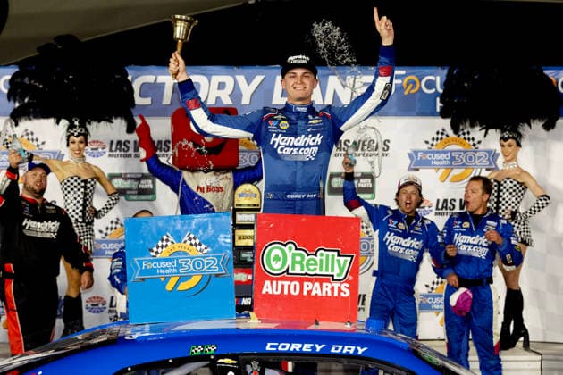 LAS VEGAS, CA - OCTOBER 03: Corey Day ( 17 Hendrick Motorsports HendrickCars.com Chevrolet) celebrates in victory lane after winning the Focused Health 302 NASCAR, Motorsport, USA O™Reilly Auto Parts Series race on October 3, 2026, at Las Vegas Motor Speedway in Las Vegas, NV. (Photo by Jeff Speer LVMS Icon Sportswire) AUTO: OCT 03 NASCAR O™Reilly Auto Parts Series Focused Health 302 EDITORIAL USE ONLY Icon26100312561