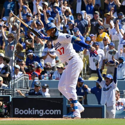 Los Angeles Dodgers Teoscar Hernandez celebrates after hitting a 2-run home run in the fourth inning off Atlanta Braves reliever Victor Mederos in game one of the National League Division Series at Dodger Stadium on Saturday, October 3, 2026 in Los Angeles, California.  LAP20261003803 JIMxRUYMEN