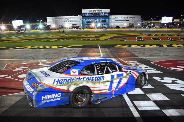 LAS VEGAS, NV - OCTOBER 03: Corey Day ( 17 Hendrick Motorsports HendrickCars.com Chevrolet) does a burnout to celebrate winning the race during the NASCAR, Motorsport, USA OÕReilly Auto Parts Series Focused Health 302 on October 03, 2026, at Las Vegas Motor Speedway in Las Vegas, NV. (Photo by Chris Williams LVMS Icon Sportswire) AUTO: OCT 03 NASCAR OÕReilly Auto Parts Series Focused Health 302 EDITORIAL USE ONLY Icon0072610031142