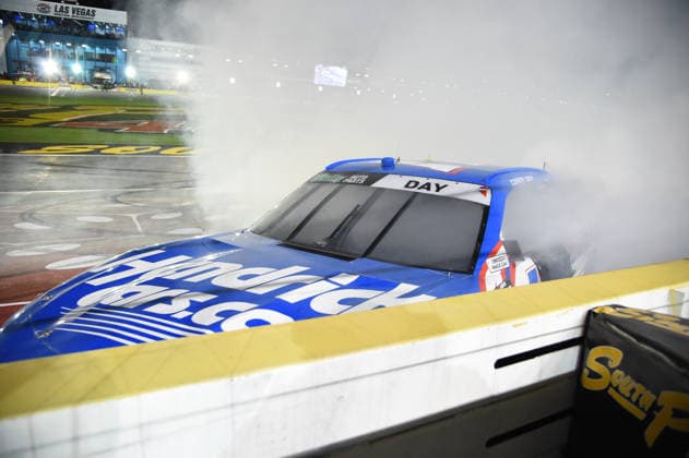 LAS VEGAS, NV - OCTOBER 03: Corey Day ( 17 Hendrick Motorsports HendrickCars.com Chevrolet) does a burnout to celebrate winning the race during the NASCAR, Motorsport, USA OÕReilly Auto Parts Series Focused Health 302 on October 03, 2026, at Las Vegas Motor Speedway in Las Vegas, NV. (Photo by Chris Williams LVMS Icon Sportswire) AUTO: OCT 03 NASCAR OÕReilly Auto Parts Series Focused Health 302 EDITORIAL USE ONLY Icon0072610031149