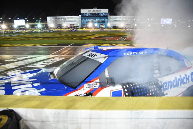 LAS VEGAS, NV - OCTOBER 03: Corey Day ( 17 Hendrick Motorsports HendrickCars.com Chevrolet) does a burnout to celebrate winning the race during the NASCAR, Motorsport, USA OÕReilly Auto Parts Series Focused Health 302 on October 03, 2026, at Las Vegas Motor Speedway in Las Vegas, NV. (Photo by Chris Williams LVMS Icon Sportswire) AUTO: OCT 03 NASCAR OÕReilly Auto Parts Series Focused Health 302 EDITORIAL USE ONLY Icon0072610031152