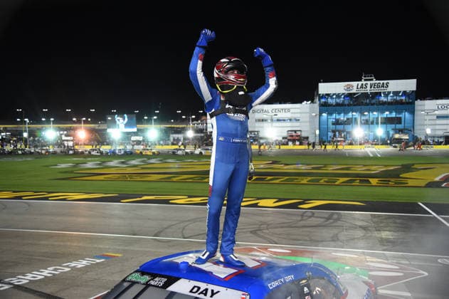 LAS VEGAS, NV - OCTOBER 03: Corey Day ( 17 Hendrick Motorsports HendrickCars.com Chevrolet) climbs on top of his car to celebrate winning the race during the NASCAR, Motorsport, USA OÕReilly Auto Parts Series Focused Health 302 on October 03, 2026, at Las Vegas Motor Speedway in Las Vegas, NV. (Photo by Chris Williams LVMS Icon Sportswire) AUTO: OCT 03 NASCAR OÕReilly Auto Parts Series Focused Health 302 EDITORIAL USE ONLY Icon0072610031158