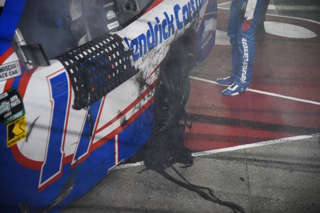 LAS VEGAS, NV - OCTOBER 03: The shredded left rear tire of Corey Day ( 17 Hendrick Motorsports HendrickCars.com Chevrolet) after doing a celebratory burnout for winning the race during the NASCAR, Motorsport, USA OÕReilly Auto Parts Series Focused Health 302 on October 03, 2026, at Las Vegas Motor Speedway in Las Vegas, NV. (Photo by Chris Williams LVMS Icon Sportswire) AUTO: OCT 03 NASCAR OÕReilly Auto Parts Series Focused Health 302 EDITORIAL USE ONLY Icon0072610031168