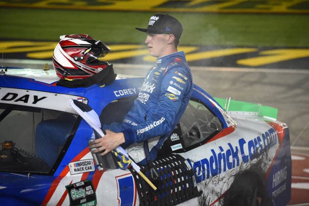 LAS VEGAS, NV - OCTOBER 03: Corey Day ( 17 Hendrick Motorsports HendrickCars.com Chevrolet) celebrates winning the race during the NASCAR, Motorsport, USA OÕReilly Auto Parts Series Focused Health 302 on October 03, 2026, at Las Vegas Motor Speedway in Las Vegas, NV. (Photo by Chris Williams LVMS Icon Sportswire) AUTO: OCT 03 NASCAR OÕReilly Auto Parts Series Focused Health 302 EDITORIAL USE ONLY Icon0072610031170