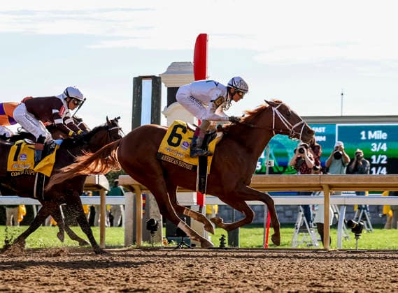 October 3, 2026, Lexington, Ky, USA: American History (6) ridden by John Velazquez wins the Claiborne Breeders Futurity (Grade 1) at Keeneland in Lexington, Kentucky on October 3, 2026. Eclipse Sportswire CSM Lexington USA - ZUMAcs17 20261003_faf_cs17_286 Copyright: xTimxSudduthx