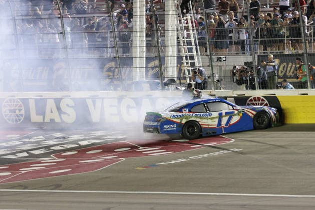 LAS VEGAS, CA - OCTOBER 03: Corey Day ( 17 Hendrick Motorsports HendrickCars.com Chevrolet) celebrates with a burnout after winning the Focused Health 302 NASCAR, Motorsport, USA O™Reilly Auto Parts Series race on October 3, 2026, at Las Vegas Motor Speedway in Las Vegas, NV. (Photo by Marc Sanchez LVMS Icon Sportswire) AUTO: OCT 03 NASCAR O™Reilly Auto Parts Series Focused Health 302 EDITORIAL USE ONLY Icon14426100315556