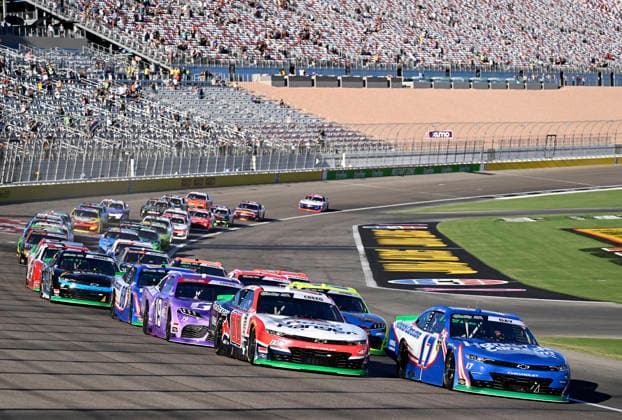 LAS VEGAS, NV - OCTOBER 03: Corey Day ( 17 Hendrick Motorsports HendrickCars.com Chevrolet) leads the field towards turn one along side of Sheldon Creed ( 00 Haas Factory Team Road Ranger Chevrolet) during the opening lap of the NASCAR, Motorsport, USA O™Reilly Auto Parts Series Focused Health 302 playoff race at Las Vegas Motor Speedway Saturday Oct. 3, 2026 in Las Vegas, Nevada. (Photo by Will Lester Icon Sportswire) AUTO: OCT 03 NASCAR O™Reilly Auto Parts Series Focused Health 302 EDITORIAL USE ONLY Icon26100320702