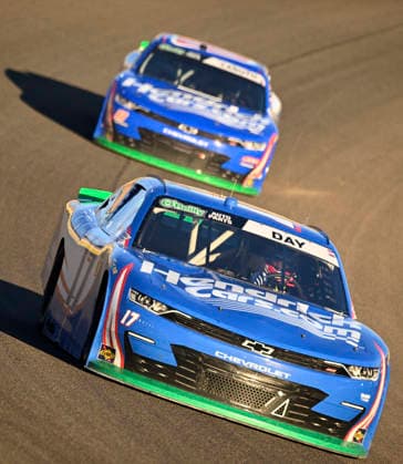 LAS VEGAS, NV - OCTOBER 03: Corey Day ( 17 Hendrick Motorsports HendrickCars.com Chevrolet) races out of turn 4 as he is followed by his teammate Rajah Caruth ( 88 JR Motorsports HendrickCars.com Chevrolet) during the middle laps of the NASCAR, Motorsport, USA O™Reilly Auto Parts Series Focused Health 302 playoff race at Las Vegas Motor Speedway Saturday Oct. 3, 2026 in Las Vegas, Nevada. (Photo by Will Lester Icon Sportswire) AUTO: OCT 03 NASCAR O™Reilly Auto Parts Series Focused Health 302 EDITORIAL USE ONLY Icon26100335572