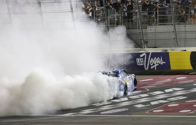 LAS VEGAS, NV - OCTOBER 03: Corey Day ( 17 Hendrick Motorsports HendrickCars.com Chevrolet) does a burnout after winning the NASCAR, Motorsport, USA O™Reilly Auto Parts Series Focused Health 302 on Saturday, Oct. 3, 2026, at the Las Vegas Motor Speedway in Las Vegas, NV. (Photo by Marc Sanchez Icon Sportswire) AUTO: OCT 03 NASCAR O™Reilly Auto Parts Series Focused Health 302 EDITORIAL USE ONLY Icon1442610034142