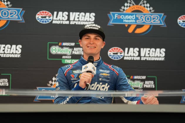 LAS VEGAS, CA - OCTOBER 03: Corey Day ( 17 Hendrick Motorsports HendrickCars.com Chevrolet) answers questions from the media after winning the Focused Health 302 NASCAR, Motorsport, USA O™Reilly Auto Parts Series race on October 3, 2026, at Las Vegas Motor Speedway in Las Vegas, NV. (Photo by Jack Geissinger LVMS Icon Sportswire) AUTO: OCT 03 NASCAR O™Reilly Auto Parts Series Focused Health 302 EDITORIAL USE ONLY Icon26100319655