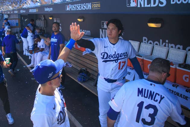 October 3, 2026, Los Angeles, California, USA: Shohei Ohtani 17 of the Los Angeles Dodgers high-fives Tommy Edman 25 in the dugout during NLDS Game 1 against the Atlanta Braves on Saturday, October 3, 2026, at Dodger Stadium in Los Angeles, California. Dodgers defeat Braves, 5-3, in NLDS Game 1. JAVIER ROJAS PI Los Angeles USA - ZUMAp124 20261003_zaa_p124_032 Copyright: xJavierxRojasx