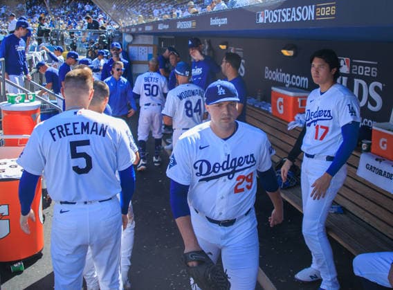 October 3, 2026, Los Angeles, California, USA: Starting pitcher, Tarik Skubal 29 of the Los Angeles Dodgers returns to the dugout during NLDS Game 1 against the Atlanta Braves on Saturday October 3, 2026 at Dodger Stadium in Los Angeles, California. Shohei Ohtani 17 watches in the dugout. Dodgers defeat Braves, 5-3, in NLDS Game 1. JAVIER ROJAS PI Los Angeles USA - ZUMAp124 20261003_zaa_p124_033 Copyright: xJavierxRojasx