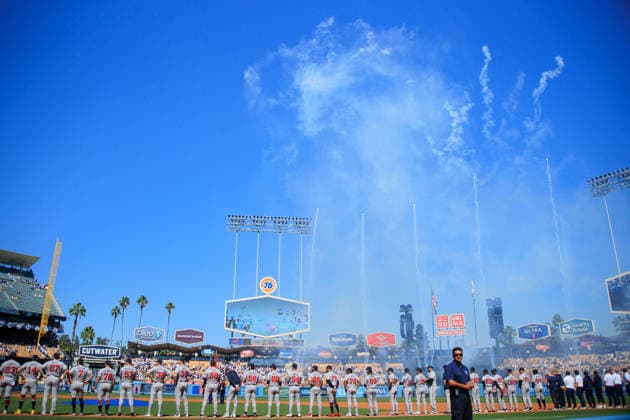 October 3, 2026, Los Angeles, California, USA: A fireworks display bursts over Dodger Stadium before NLDS Game 1 between the Los Angeles Dodgers and the Atlanta Braves on Saturday, October 3, 2026, at Dodger Stadium in Los Angeles, California. Dodgers defeat Braves, 5-3, in NLDS Game 1. JAVIER ROJAS PI Los Angeles USA - ZUMAp124 20261003_zaa_p124_027 Copyright: xJavierxRojasx