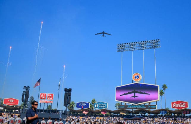 October 3, 2026, Los Angeles, California, USA: A B-52 Stratofortress conducts a flyover during the pregame ceremony honoring Lt. Col. Gabriel Estrella, who was killed in a recent B-52 crash, before NLDS Game 1 between the Los Angeles Dodgers and Atlanta Braves on Saturday, October 3, 2026, at Dodger Stadium in Los Angeles, California. JAVIER ROJAS PI Los Angeles USA - ZUMAp124 20261003_zaa_p124_028 Copyright: xJavierxRojasx