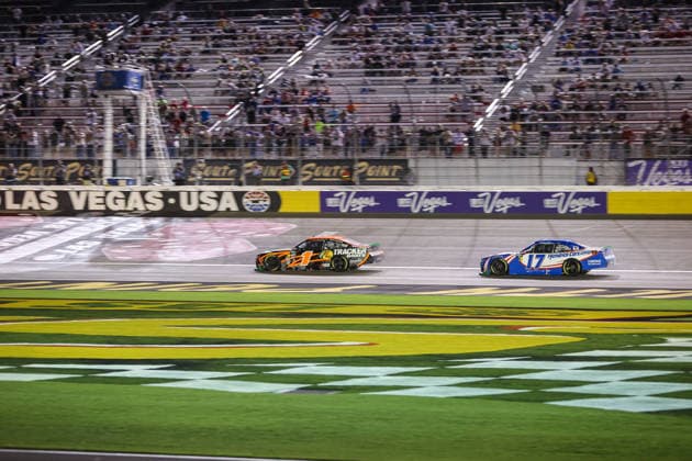 LAS VEGAS, NV - OCTOBER 03: Carson Kvapil ( 1 JR Motorsports Bass Pro Shops Chevrolet) passes Corey Day ( 17 Hendrick Motorsports HendrickCars.com Chevrolet) on the second to last lap of the O™Reilly Auto Parts Series Focused Health 302 on October 3, 2026, at Las Vegas Motor Speedway in Las Vegas, NV. (Photo by Christopher Trim Icon Sportswire) AUTO: OCT 03 NASCAR, Motorsport, USA O™Reilly Auto Parts Series Focused Health 302 EDITORIAL USE ONLY Icon261003302020