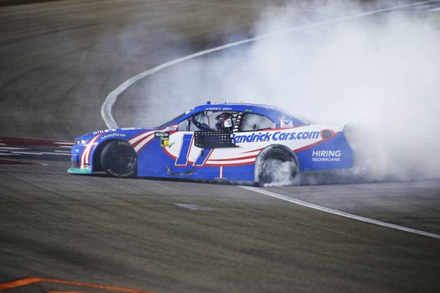 LAS VEGAS, NV - OCTOBER 03: Corey Day ( 17 Hendrick Motorsports HendrickCars.com Chevrolet) does a burnout after winning the NASCAR, Motorsport, USA O Reilly Auto Parts Series Focused Health 302 playoff race at Las Vegas Motor Speedway Saturday Oct. 3, 2026 in Las Vegas, Nevada. (Photo by Matthew Bolt Icon Sportswire) AUTO: OCT 03 NASCAR O™Reilly Auto Parts Series Focused Health 302 EDITORIAL USE ONLY Icon296000361864400