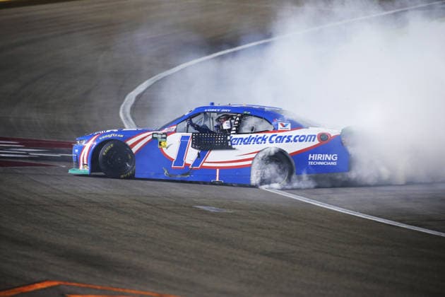 LAS VEGAS, NV - OCTOBER 03: Corey Day ( 17 Hendrick Motorsports HendrickCars.com Chevrolet) does a burnout after winning the NASCAR, Motorsport, USA O Reilly Auto Parts Series Focused Health 302 playoff race at Las Vegas Motor Speedway Saturday Oct. 3, 2026 in Las Vegas, Nevada. (Photo by Matthew Bolt Icon Sportswire) AUTO: OCT 03 NASCAR O™Reilly Auto Parts Series Focused Health 302 EDITORIAL USE ONLY Icon296000361865400