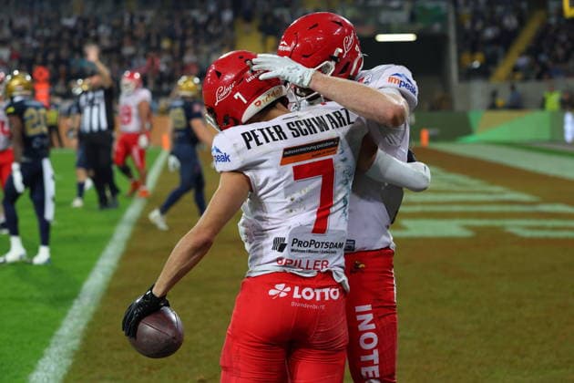 Milan Spiller (Potsdam Royals, 7) celebrates a Touchdown, Dresden Monarchs vs Potsdam Royals, American Football, GFL, German Football League, Season 2026, GFL-Bowl, 03.10.2026, GFLBowl2026 Photo: PFA Klaus Sack Dresden Rudolf-Harbig-Stadion Deutschland Copyright: xPFA KlausxSackx