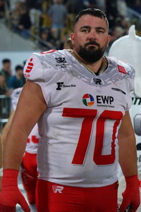 Nemanja Graovac (Potsdam Royals, 70) is disappointed after the game, Dresden Monarchs vs Potsdam Royals, American Football, GFL, German Football League, Season 2026, GFL-Bowl, 03.10.2026, GFLBowl2026 Photo: PFA Klaus Sack Dresden Rudolf-Harbig-Stadion Deutschland Copyright: xPFA KlausxSackx