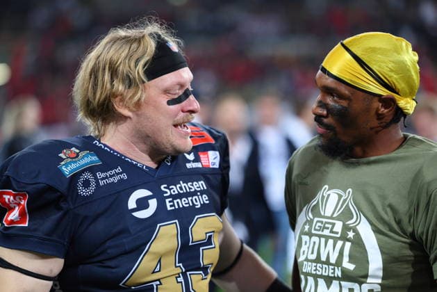 Nic Haritonenko (Dresden Monarchs, 43) and Tyler Hudson (Dresden Monarchs, 83) celebrates the Championship, Dresden Monarchs vs Potsdam Royals, American Football, GFL, German Football League, Season 2026, GFL-Bowl, 03.10.2026, GFLBowl2026 Photo: PFA Klaus Sack Dresden Rudolf-Harbig-Stadion Deutschland Copyright: xPFA KlausxSackx