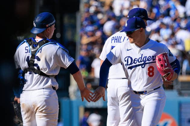 October 3, 2026, Los Angeles, California, USA: Will Smith 16 of the Los Angeles Dodgers exchanges a low-five with Enrique Hernandez 8 in the postgame line after defeating the Atlanta Braves in NLDS Game 1 on Saturday, October 3, 2026, at Dodger Stadium in Los Angeles, California. Dodgers defeat Braves, 5-3, in NLDS Game 1. JAVIER ROJAS PI Los Angeles USA - ZUMAp124 20261003_zaa_p124_057 Copyright: xJavierxRojasx