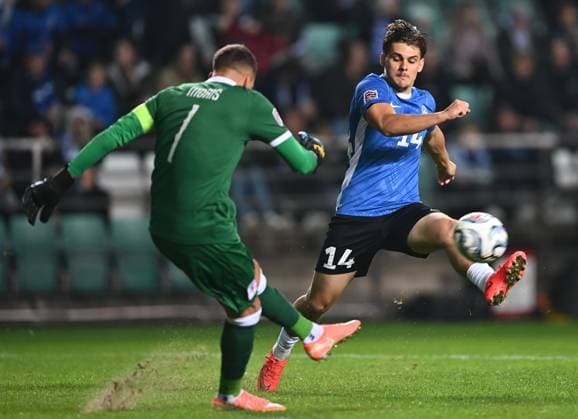 (261004) -- TALLINN, Oct. 4, 2026 -- Estonia s Patrik Kristal (R) challenges Luxembourg s goalkeeper Anthony Moris during the 2026 27 UEFA Nations League C Group C4 football match between Estonia and Luxembourg at A. Le Coq Arena in Tallinn, Estonia, Oct. 3, 2026. (Photo by Xinhua) (SP)ESTONIA-TALLINN-FOOTBALL-UEFA NATIONS LEAGUE C-ESTONIA VS LUXEMBOURG SergeixStepanov 
