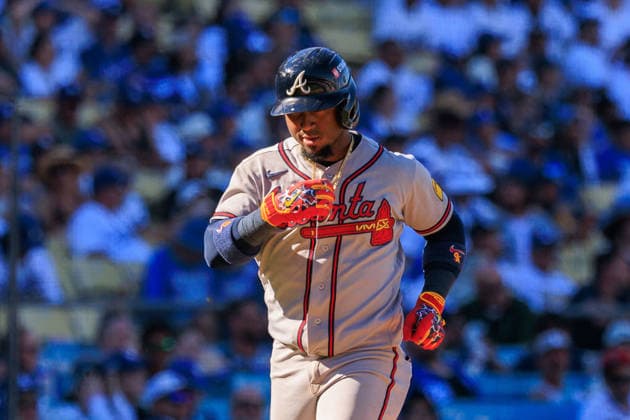 October 3, 2026, Los Angeles, California, USA: Ozzie Albies 1 of the Atlanta Braves crosses himself after hitting a two-run home run in the 9th inning during NLDS Game 1 against the Los Angeles Dodgers on Saturday October 3, 2026 at Dodger Stadium in Los Angeles, California. Dodgers defeat Braves, 5-3, in NLDS Game 1. JAVIER ROJAS PI Los Angeles USA - ZUMAp124 20261003_zaa_p124_054 Copyright: xJavierxRojasx