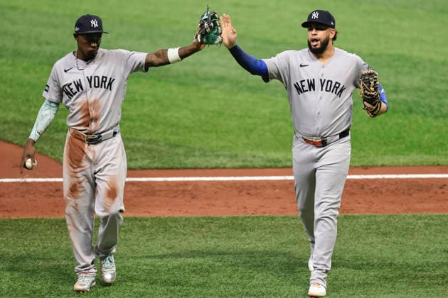 October 3, 2026, St. Petersburg, Florida, USA: New York Yankees infielders Jazz Chisholm Jr. (13) and Luis GarcoÂ­a Jr. (26) run to the dugout in the top of the third inning of game one of the ALDS for the 2026 MLB, Baseball Herren, USA Playoffs against the Tampa Bay Rays on October 3, 2026 at Tropicana Field. The Rays beat the Yankees 1-0. St. Petersburg USA - ZUMAh180 20261003_zsp_h180_057 Copyright: xKimxHukarix