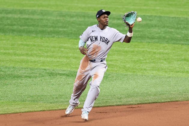 October 3, 2026, St. Petersburg, Florida, USA: New York Yankees second baseman Jazz Chisholm Jr. (13) fields a ball off the bat of Tampa Bay Rays second baseman Richie Palacios (1) and throws him out at first base in the seventh inning of game one of the ALDS for the 2026 MLB, Baseball Herren, USA Playoffs on October 3, 2026 at Tropicana Field. The Rays beat the Yankees 1-0. St. Petersburg USA - ZUMAh180 20261003_zsp_h180_097 Copyright: xKimxHukarix