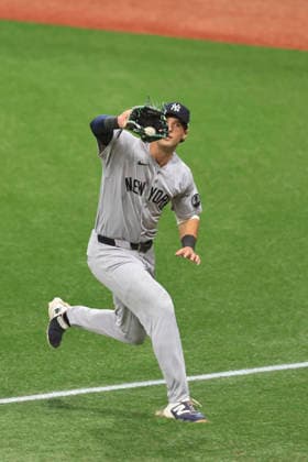 October 3, 2026, St. Petersburg, Florida, USA: New York Yankees right fielder Spencer Jones (78) catches a fly ball off the bat of Tampa Bay Rays designated hitter Yandy DoÂ­az (2) during the third inning of game one of the ALDS for the 2026 MLB, Baseball Herren, USA Playoffs on October 3, 2026 at Tropicana Field. The Rays beat the Yankees 1-0. St. Petersburg USA - ZUMAh180 20261003_zsp_h180_042 Copyright: xKimxHukarix