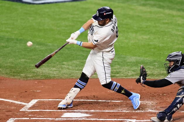 October 3, 2026, St. Petersburg, Florida, USA: Tampa Bay Rays first baseman Jonathan Aranda (8) flies out to New York Yankees center fielder Trent Grisham (12) during the first inning of game one of the ALDS for the 2026 MLB, Baseball Herren, USA Playoffs on October 3, 2026 at Tropicana Field. The Rays beat the Yankees 1-0. St. Petersburg USA - ZUMAh180 20261003_zsp_h180_039 Copyright: xKimxHukarix
