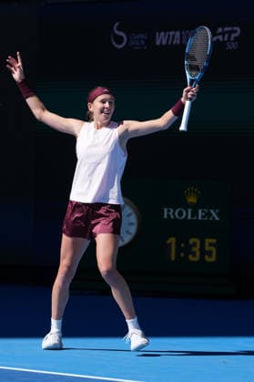 (261004) -- BEIJING, Oct. 4, 2026 -- Nikola Bartunkova celebrates after winning the women s singles round of 32 match between Aryna Sabalenka of Belarus and Nikola Bartunkova of the Czech Republic at 2026 China Open tennis tournament in Beijing, China, Oct. 4, 2026. ) (SP)CHINA-BEIJING-TENNIS-CHINA OPEN-WOMEN S SINGLES(CN) JuxHuanzong 