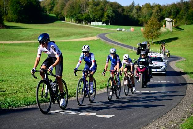 UEC 2026 Road European Championships Ljubljana 04 10 2026 LJUBLJANA, SLOVENIA - OCTOBER 04 : Dworatzek Klara (DEU) , Ballan Azzurra (ITA) , Lestrade Morgane (FRA) and Burger Leni (DEU) are leading an escape during the Women Junior cycling road race at the 2026 UEC Road European Championships, an UCI Continental Championships cycling race of 66,3 km with start and finish in Sencur on October 4, 2026 in Ljubljana, Slovenia, 04 10 2026 Ljubljana Slovenia  Copyright: xJanxDexMeuleneirx