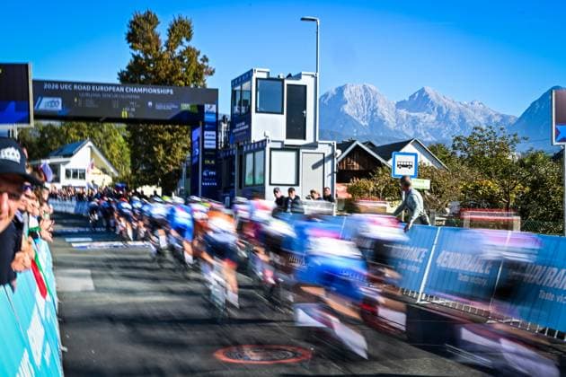 The pack of riders pictured in action during the junior women Road Race race (66,3 km) at the cycling UEC Road European Championships, in Ljubljana, Slovenia Sunday 4 October 2026. The UEC Road European Championships are taking place from 02 to 07 October in Ljubljana, Slovenia. DAVIDxPINTENS  x188681542x