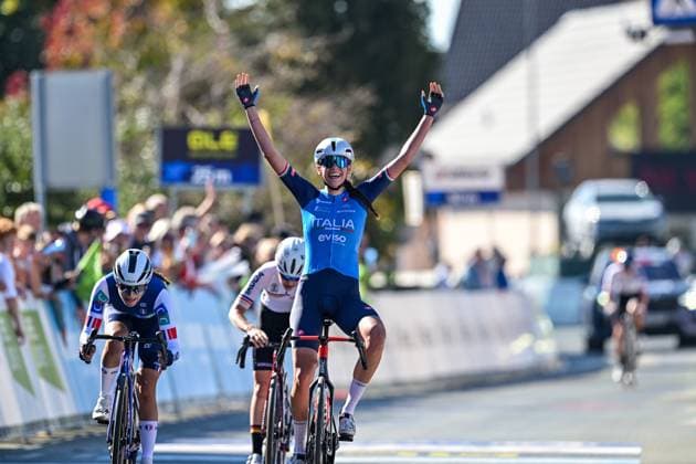 Italian Azzurra Ballan celebrates as she crosses the finish line to win the junior women Road Race race (66,3 km) at the cycling UEC Road European Championships, in Ljubljana, Slovenia Sunday 4 October 2026. The UEC Road European Championships are taking place from 02 to 07 October in Ljubljana, Slovenia. DAVIDxPINTENS  x188683260x