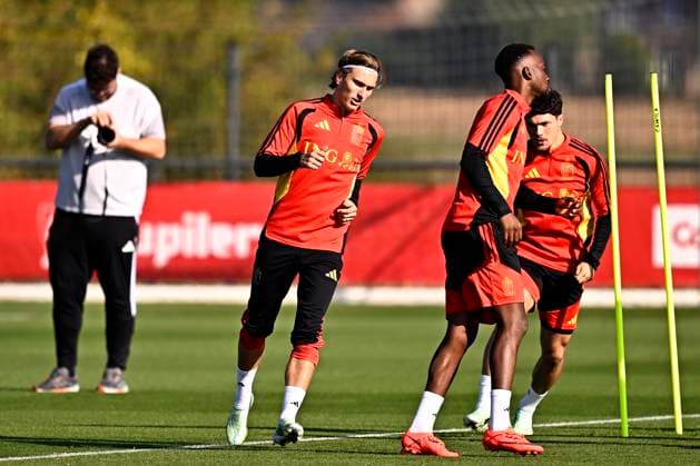 France v Belgium - UEFA Nations League 2026 Media Activities 04 10 2026 TUBIZE, BELGIUM - OCTOBER 04 : Godts Mika forward of Belgium, Lukebakio Dodi forward of Belgium and Sabbe Kyriani defender of Belgium pictured during a training session ahead of the UEFA Nations League tournament league phase matchday 4 group A1 match between France and Belgium on October 4, 2026 in Tubize, Belgium, 04 10 2026 Tubize Belgium  Copyright: xTomasxSiskx