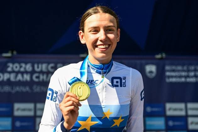 Italian Azzurra Ballan , winner of the gold medal celebrates on the podium of the junior women Road Race race (66,3 km) at the cycling UEC Road European Championships, in Ljubljana, Slovenia Sunday 4 October 2026. The UEC Road European Championships are taking place from 02 to 07 October in Ljubljana, Slovenia. DAVIDxPINTENS  x188684822x