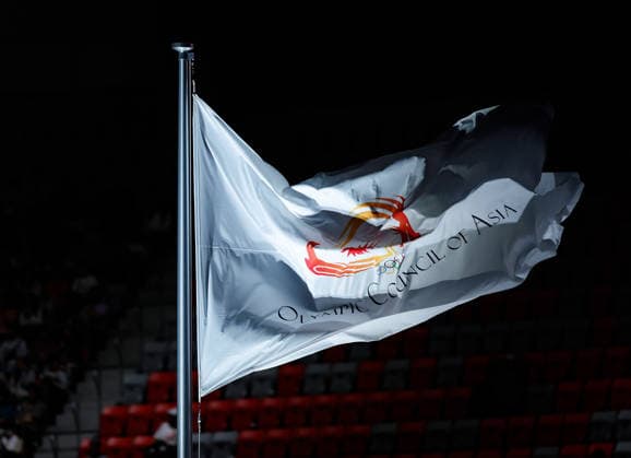 (261004) -- NAGOYA, Oct. 4, 2026 -- The flag of Olympic Council of Asia (OCA) is seen before the closing ceremony of the 20th Asian Games Aichi-Nagoya 2026 in Nagoya, Japan, Oct. 4, 2026. ) (SP)JAPAN-NAGOYA-ASIAN GAMES-CLOSING CEREMONY WuxZhizun 
