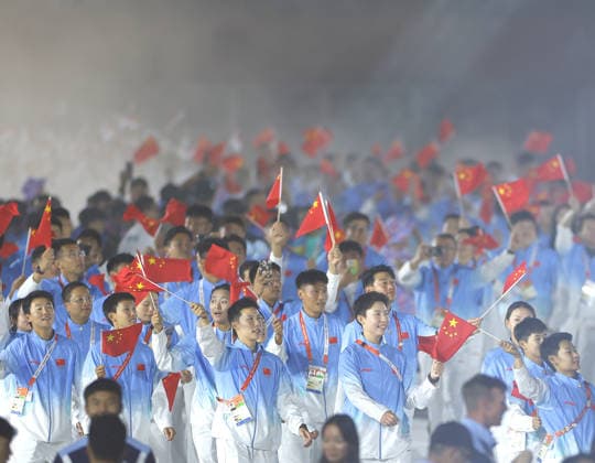 (261004) -- NAGOYA, Oct. 4, 2026 -- The delegation of China parade into the stadium during the closing ceremony of the 20th Asian Games Aichi-Nagoya 2026 in Nagoya, Japan, Oct. 4, 2026. ) (SP)JAPAN-NAGOYA-ASIAN GAMES-CLOSING CEREMONY WuxZhizun 