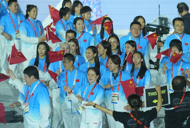 (261004) -- NAGOYA, Oct. 4, 2026 -- Delegation of China parade into the stadium during the closing ceremony of the 20th Asian Games Aichi-Nagoya 2026 in Nagoya, Japan, Oct. 4, 2026. ) (SP)JAPAN-NAGOYA-ASIAN GAMES-CLOSING CEREMONY CheongxKamxKa 