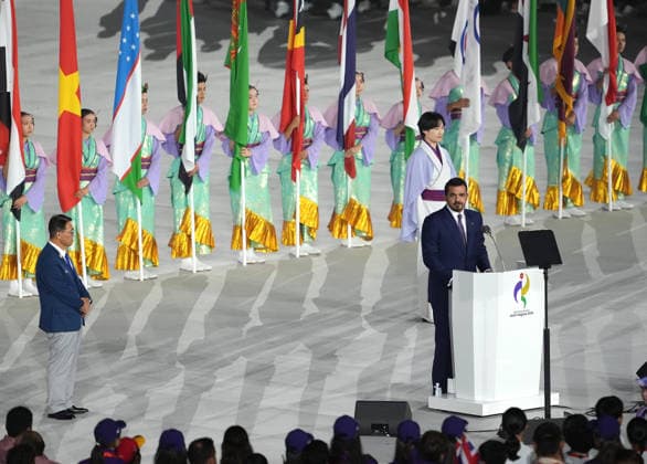 (261004) -- NAGOYA, Oct. 4, 2026 -- Sheikh Joaan Bin Hamad Al Thani (1st R), president of the Olympic Council of Asia (OCA), speaks during the closing ceremony of the 20th Asian Games Aichi-Nagoya 2026 in Nagoya, Japan, Oct. 4, 2026. ) (SP)JAPAN-NAGOYA-ASIAN GAMES-CLOSING CEREMONY JiaxYuchen 
