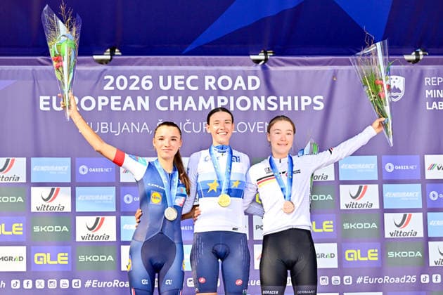 Azzurra Ballan, Morgane Lestrade, Klara Dworatzek Road Race Women Juniors UEC Road European Championships 2026 Siegerehrung Azzurra Ballan, Italy, Morgane Lestrade, France, Klara Dworatzek, Germany Road Race Women Juniors (66 km) 04.10. UEC-Straßenradsport-Europameisterschaften 2026 - Rad-EM (offiziell 2026 UEC Road European Championships) vom 02. bis 07. Oktober 2026 in Ljubljana und Å enÄur (Slowenien).