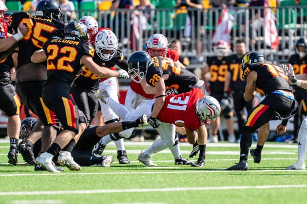AMERICAN FOOTBALL - IFAF EC, AUT vs BEL SALZBURG,AUSTRIA,04.OCT.26 - AMERICAN FOOTBALL - IFAF European Championship, EM, Europameisterschaft Austria vs Belgium. Image shows Dean Opara (AUT) and Thomas Van Heurk (BEL).  GEPAxpictures xJulioxArellano