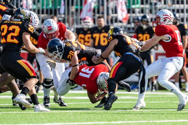 AMERICAN FOOTBALL - IFAF EC, AUT vs BEL SALZBURG,AUSTRIA,04.OCT.26 - AMERICAN FOOTBALL - IFAF European Championship, EM, Europameisterschaft Austria vs Belgium. Image shows Dean Opara (AUT) and Thomas Van Heurk (BEL).  GEPAxpictures xJulioxArellano