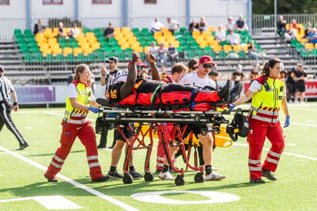 AMERICAN FOOTBALL - IFAF EC, AUT vs BEL SALZBURG,AUSTRIA,04.OCT.26 - AMERICAN FOOTBALL - IFAF European Championship, EM, Europameisterschaft Austria vs Belgium. Image shows Frederic Makanda (BEL) injured.  GEPAxpictures xJulioxArellano
